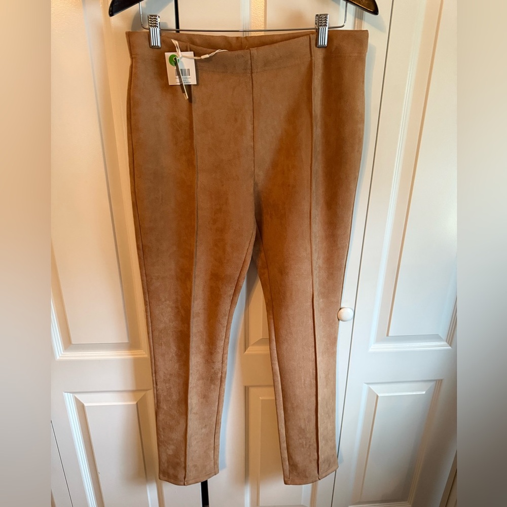 Faux Suede Slim Pants, Tan, Side Large, NWT